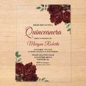 Romantic Burgundy Red Rose Quinceanera Invite Acryl Uitnodigingen (Voorkant)