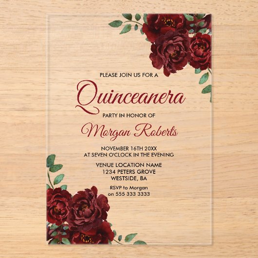 Romantic Burgundy Red Rose Quinceanera Invite Acryl Uitnodigingen (Voorkant)