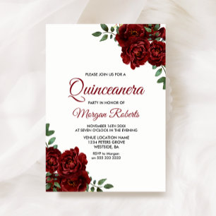 Romantic Burgundy Red Rose Quinceanera Invite Kaart
