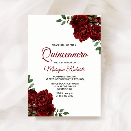 Romantic Burgundy Red Rose Quinceanera Invite Kaart