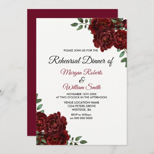 Romantic Burgundy Red Rose Rehearsal Dinner Invite Kaart (Voorkant / Achterkant)