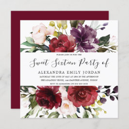 Romantic Burgundy Red Rose Sweet 16 Party Kaart