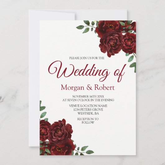 Romantic Burgundy Red Rose Wedding Invitation Kaart (Voorkant)