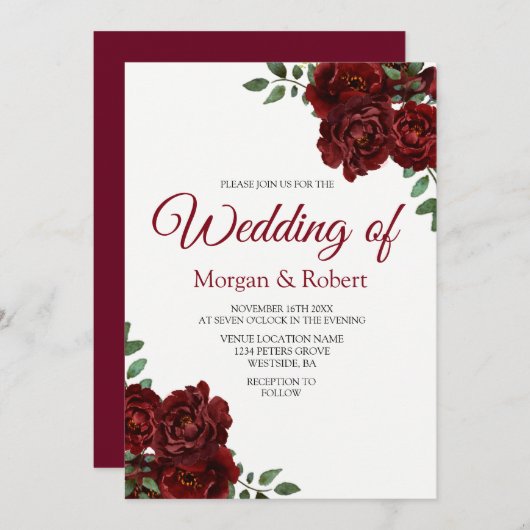 Romantic Burgundy Red Rose Wedding Invitation Kaart (Voorkant / Achterkant)