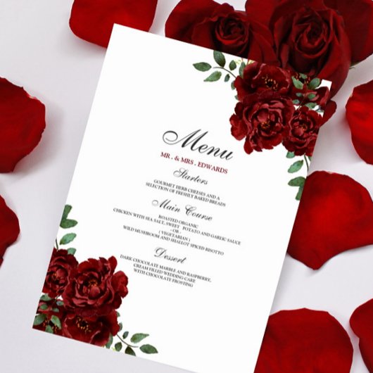 Romantic Burgundy Red Rose Wedding Menu