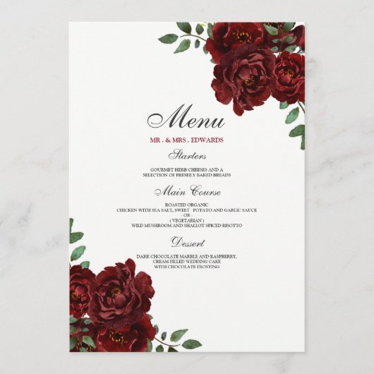 Romantic Burgundy Red Rose Wedding Menu (Voorkant)