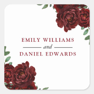 Romantic Burgundy Red Rose Wedding Verloving Vierkante Sticker