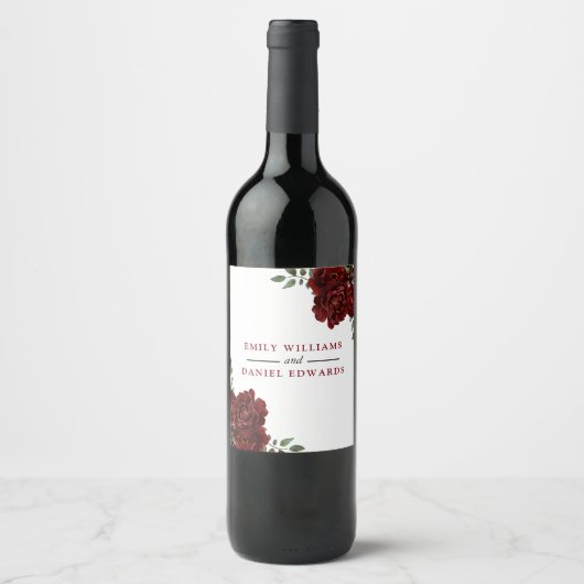 Romantic Burgundy Red Rose Wedding Verloving Wijn Etiket (Voorkant)