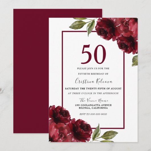Romantic Burgundy Red Roses 50th Birthday Party Kaart (Voorkant / Achterkant)