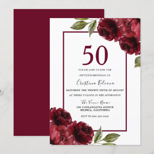 Romantic Burgundy Red Roses 50th Birthday Party Kaart