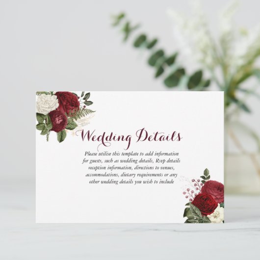 Romantic Burgundy Red White Floral Weddenschap Det Kaart (Staand voorkant)