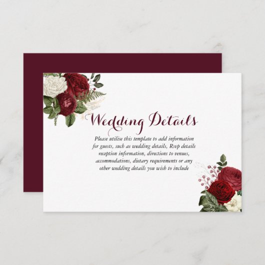 Romantic Burgundy Red White Floral Weddenschap Det Kaart (Voorkant / Achterkant)
