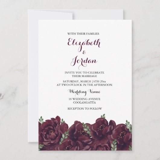 Romantic Burgundy Roos Elegant Wedding Invitation Kaart (Voorkant)