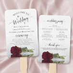 Romantic Burgundy Roos Elegant Wedding Programme Handwaaier<br><div class="desc">Deze mooie supporters van het bruiloft zijn elegant, romantisch, klassiek en smaakvol. Het ontwerp is voorzien van een enkele langwerpige bogundy, maroon of rood roos van wijn dat aan zijn kant ligt en dat zich reflecteert in een pool water met golven en rimpels. De typografie kenmerkt de zwarte manuscriptkalligrafie van...</div>