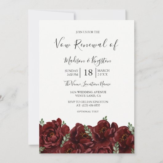 Romantic Burgundy Roos Vow Renewal Uitnodiging (Voorkant)