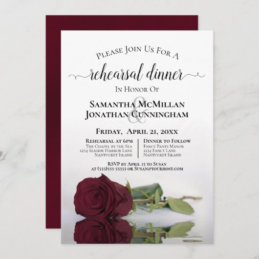 Romantic Burgundy Roos Wedding Rehearsal Dinner Kaart (Voorkant / Achterkant)