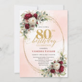 Romantic Burgundy Watercolor Flowers 80th Birthday Kaart (Voorkant)