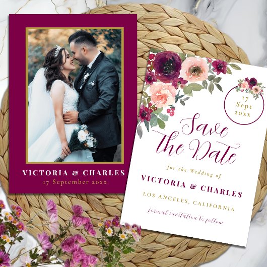 Romantic Burgundy Waterverf Floral Wedding Save The Date