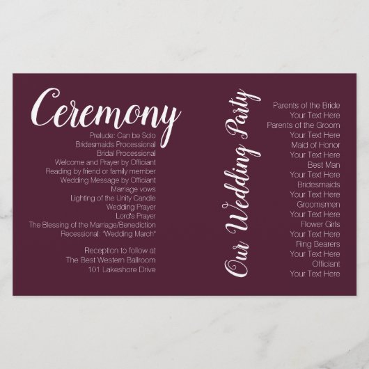 Romantic Burgundy Wedding Photo Ceremony Programme (Voorkant)
