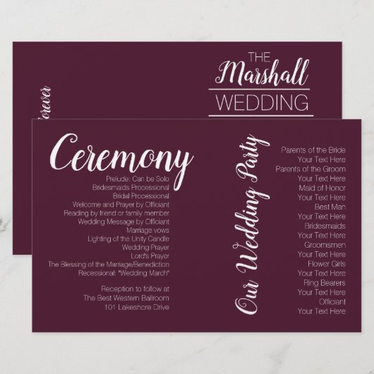 Romantic Burgundy Wedding Photo Ceremony Programme (Voorkant / Achterkant)
