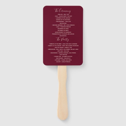 Romantic Burgundy Wedding Programme Hand Fan Handwaaier (Achterkant)