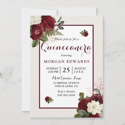 Romantic Burgundy White Floral Quinceanera Invite Kaart (Voorkant)