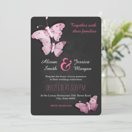 Romantic Butterflies wedding invitation Kaart (Staand voorkant)