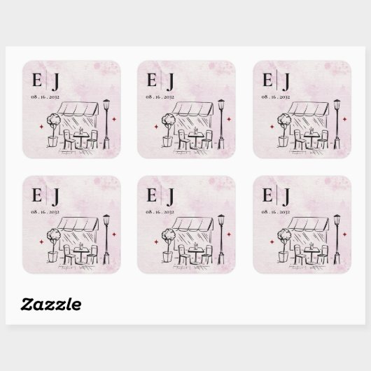 Romantic Café Illustration Wedding Monogram Vierkante Sticker (Vel)