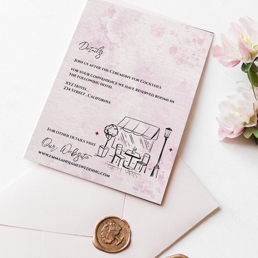 Romantic Café Sketch Blush Wedding Details Informatiekaartje