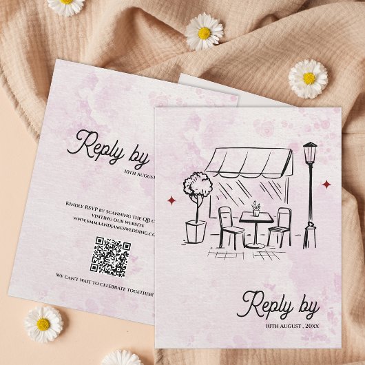 Romantic Café Sketch QR Code Wedding Reply By RSVP Kaartje