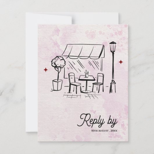 Romantic Café Sketch QR Code Wedding Reply By RSVP Kaartje (Voorkant)