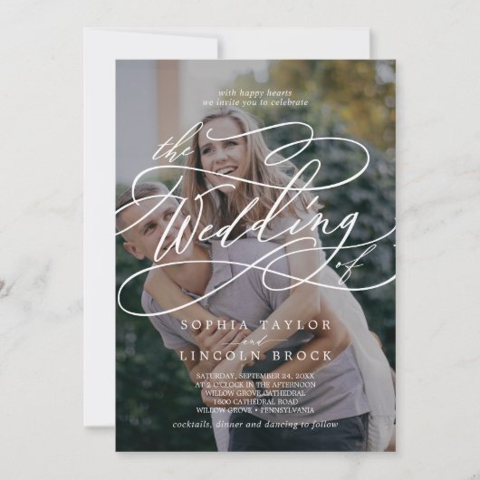 Romantic Calligraphy Dark Photo Flourish Wedding Kaart (Voorkant)