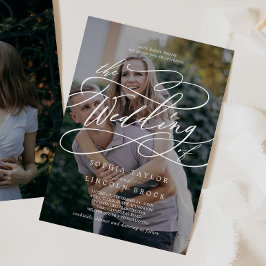 Romantic Calligraphy Dark Photo Flourish Wedding Kaart