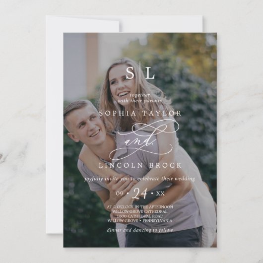 Romantic Calligraphy Dark Photo Monogram Weddensch Kaart (Voorkant)