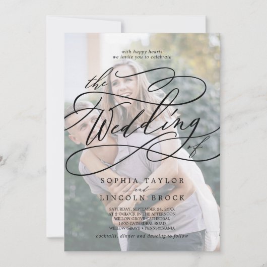 Romantic Calligraphy Faded Photo Flourish Wedding Kaart (Voorkant)