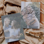 Romantic Calligraphy Faded Photo Flourish Wedding Kaart<br><div class="desc">Deze romantische kalligrafie is een vette foto die een huwelijksuitnodiging volgt...  perfect voor een eenvoudige bruiloft. Het moderne klassieke ontwerp is uitgerust met fancy draden en grillen met prachtige,  elegante,  handgeschreven typografie. Personaliseer met 2 verloving foto's,  op de voorzijde en op de achterzijde.</div>