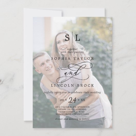 Romantic Calligraphy Faded Photo Monogram Weddensc Kaart (Voorkant)
