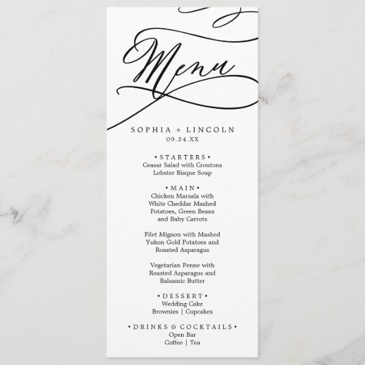 Romantic Calligraphy Flourish Wedding Dinner Menu (Voorkant)