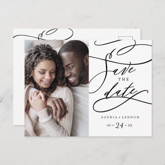 Romantic Calligraphy Flourt Photo Save the Date Uitnodiging Briefkaart (Voorkant / Achterkant)