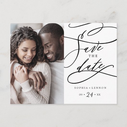 Romantic Calligraphy Flourt Photo Save the Date Uitnodiging Briefkaart (Voorkant)