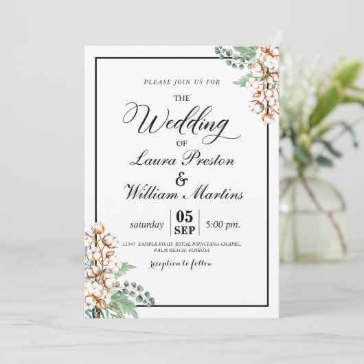 Romantic Calligraphy Greenery Boho Cotton Wedding Kaart (Staand voorkant)