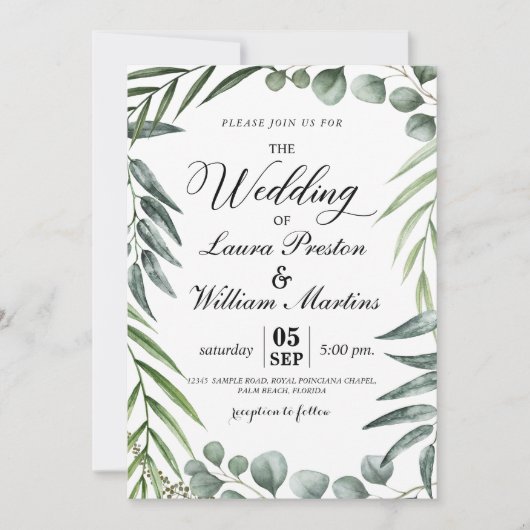 Romantic Calligraphy Greenery Leaves Wedding Kaart (Voorkant)