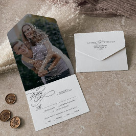 Romantic Calligraphy Monogram Dark Photo Weddensch All In One Uitnodiging