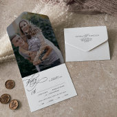 Romantic Calligraphy Monogram Dark Photo Weddensch All In One Uitnodiging