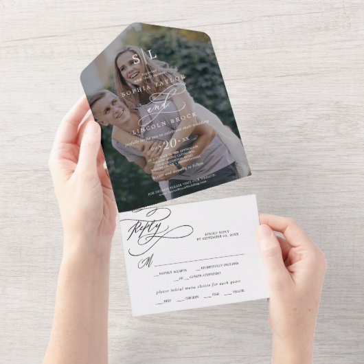 Romantic Calligraphy Monogram Dark Photo Weddensch All In One Uitnodiging