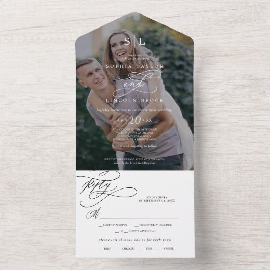 Romantic Calligraphy Monogram Dark Photo Weddensch All In One Uitnodiging (Binnen)