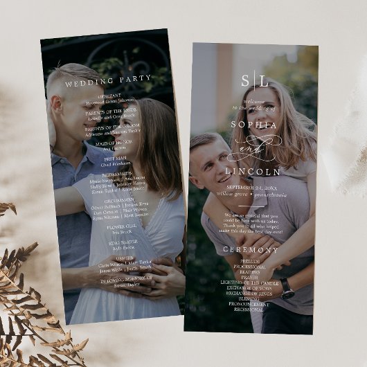 Romantic Calligraphy Monogram Dark Photo Weddensch Programmakaart