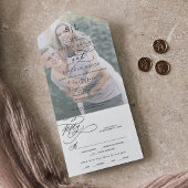 Romantic Calligraphy Monogram Photo Weddenschap All In One Uitnodiging