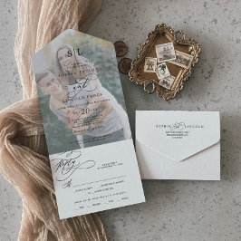 Romantic Calligraphy Monogram Photo Weddenschap All In One Uitnodiging