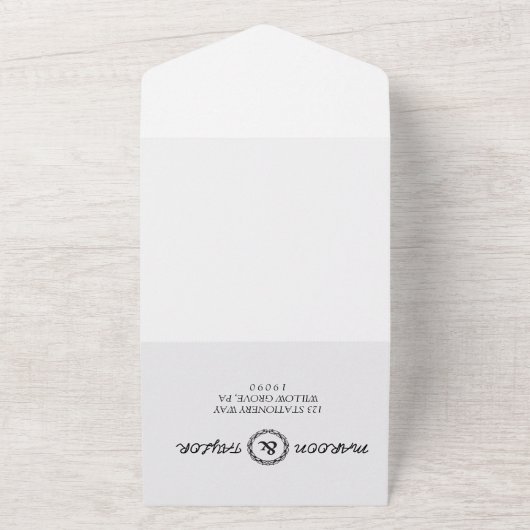 Romantic Calligraphy Monogram Photo Weddenschap All In One Uitnodiging (Buitenkant)